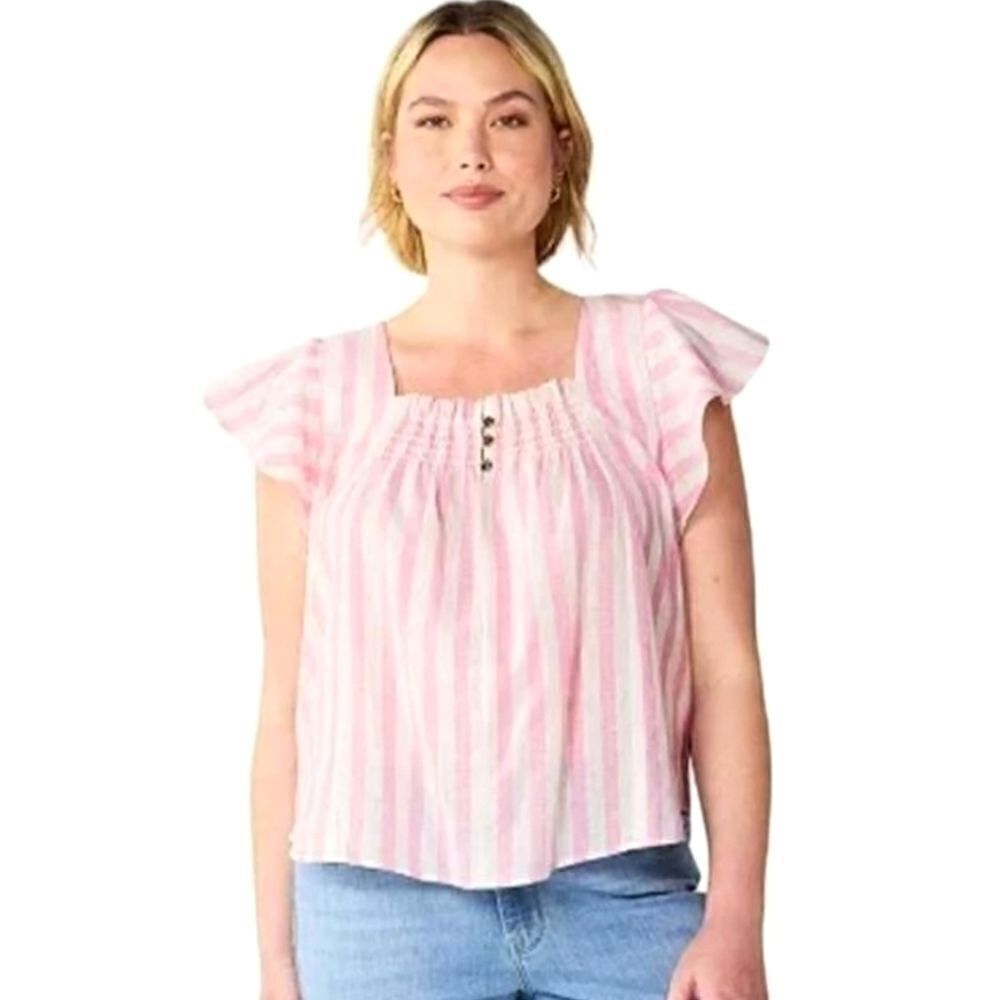 Draper James RSVP Pink & White Linen Striped Flutter Sleeve Top Blouse
